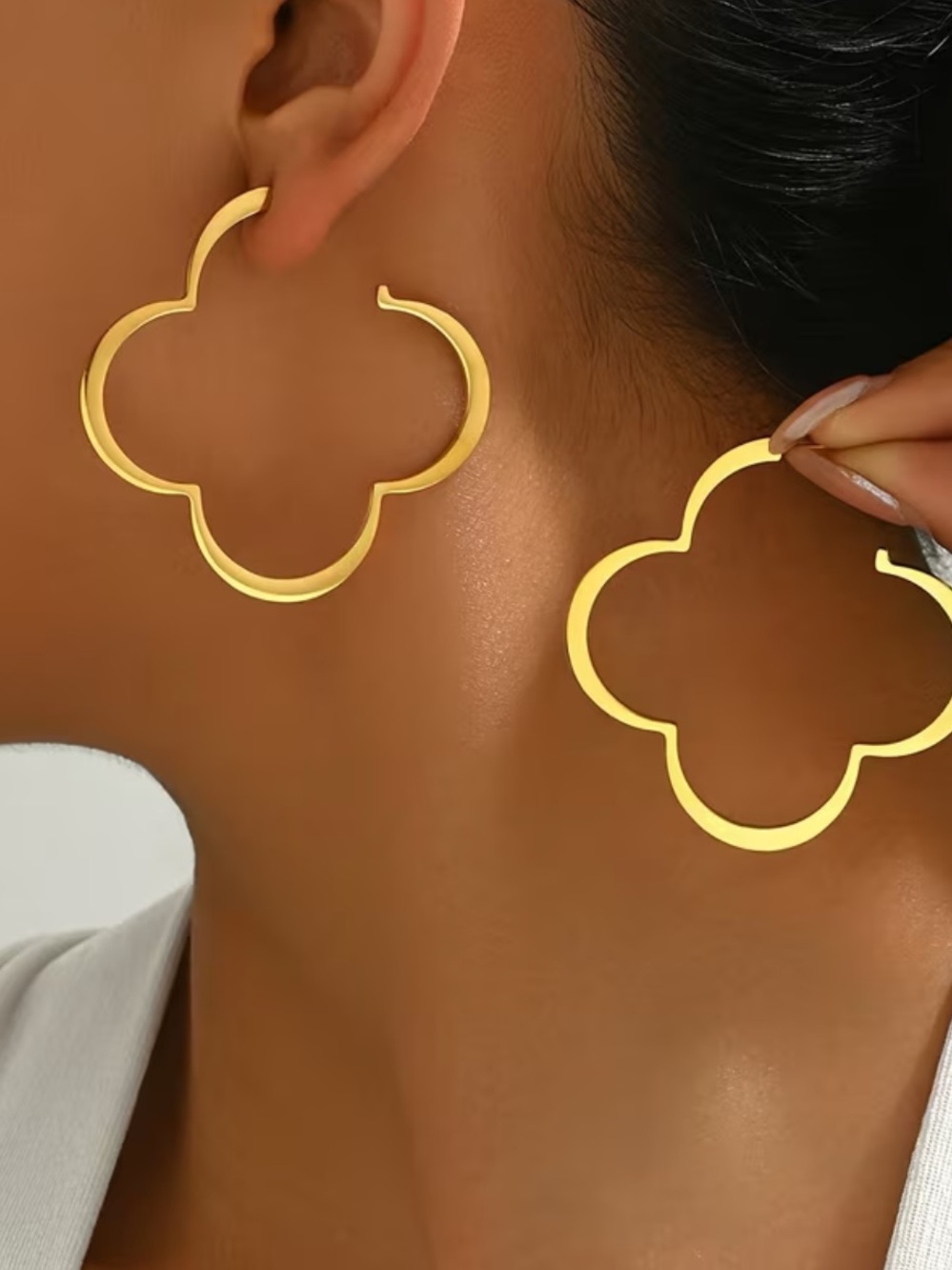 Gold Flower Outline Hoop Earrings - Picture 2 of 2